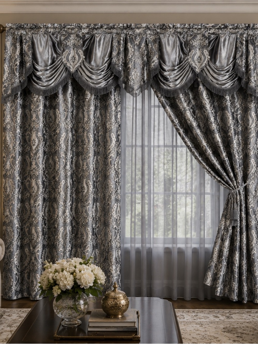 Luxury Gray Damask Window Curtains with Valance 4 piece curtain set